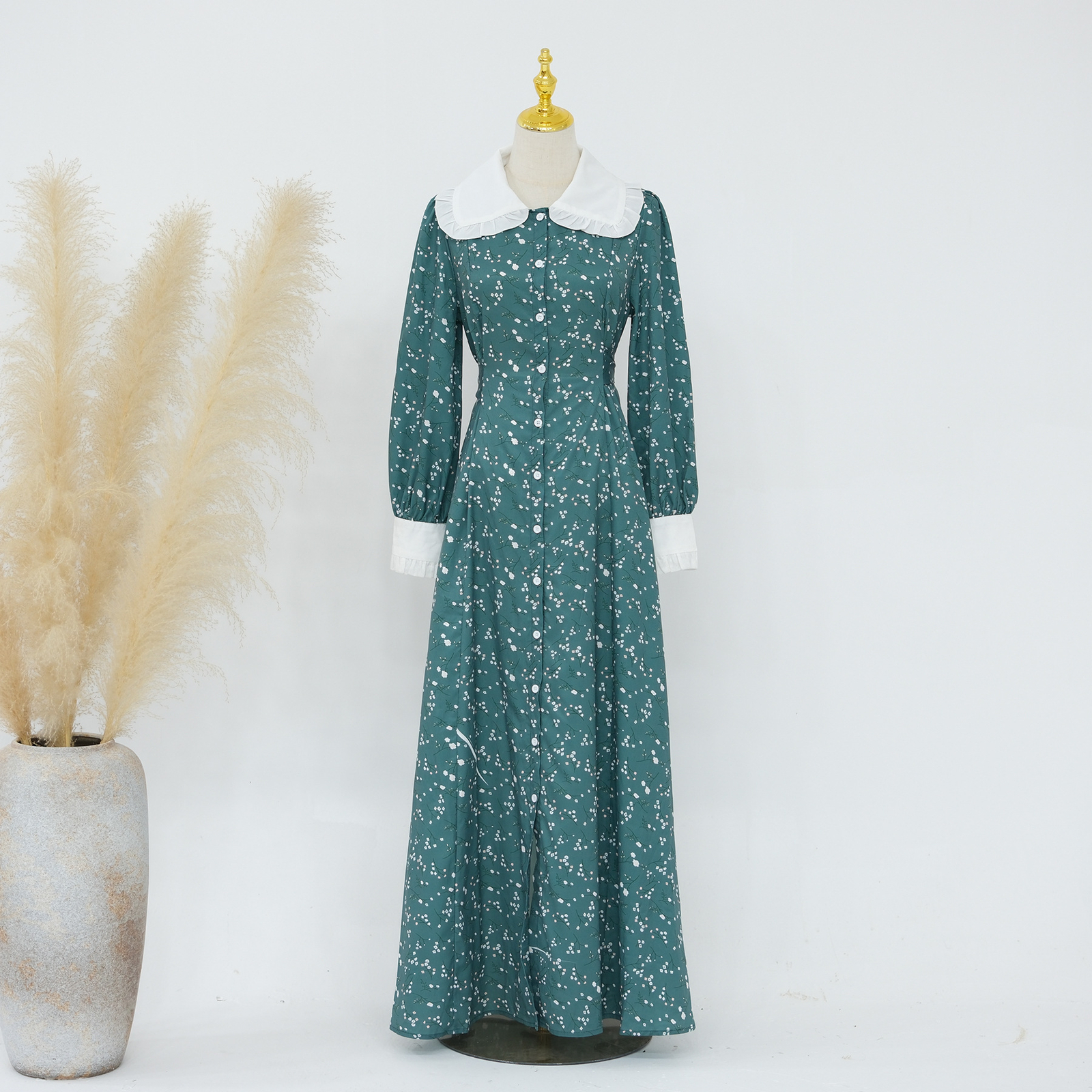 Women Green Print Dress Doll Neck High Waist Muslim Robe Ladies Dubai Party Gown