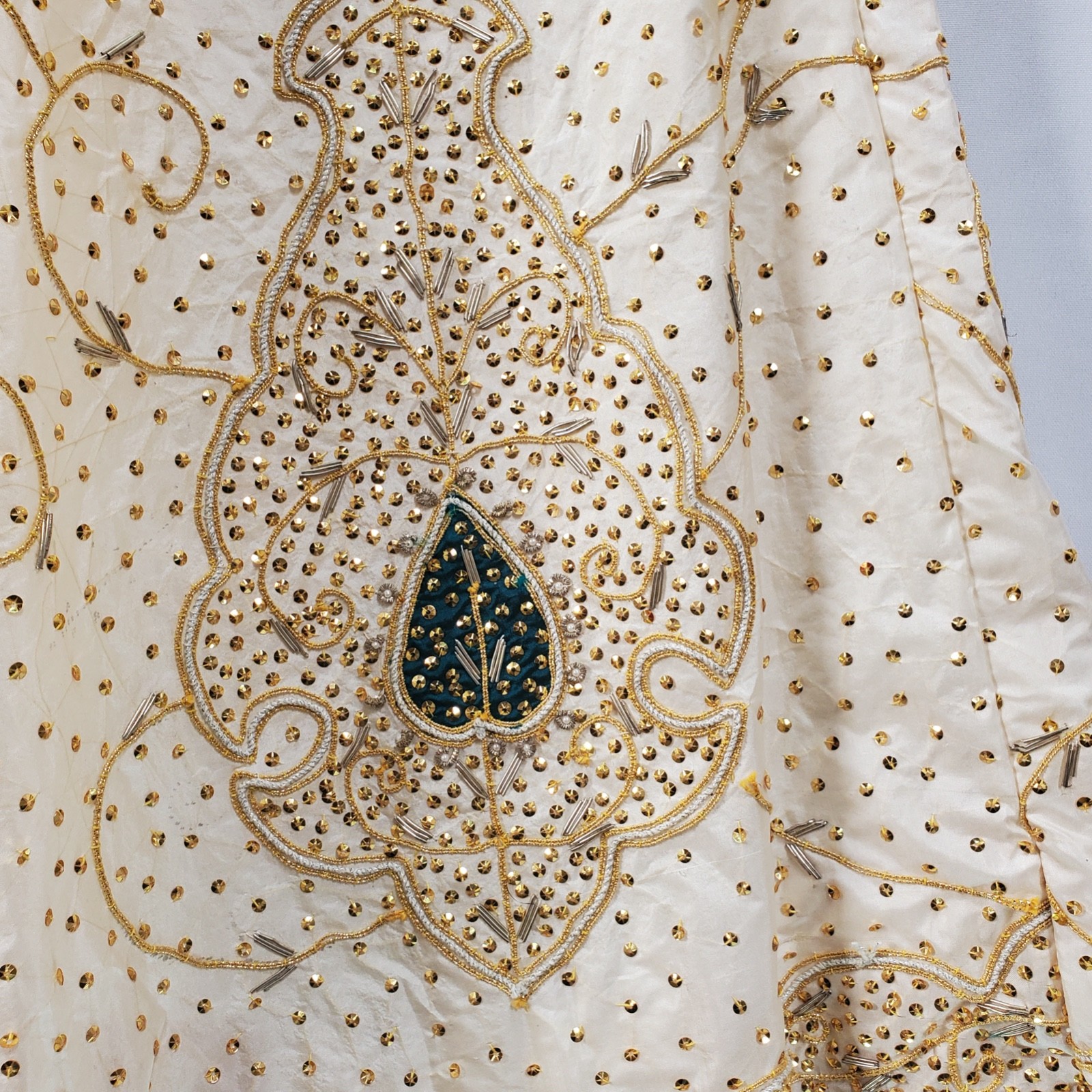 Sari Palace India Lehenga Set White Gold Teal Skirt & Duppati Only All Silk Hand