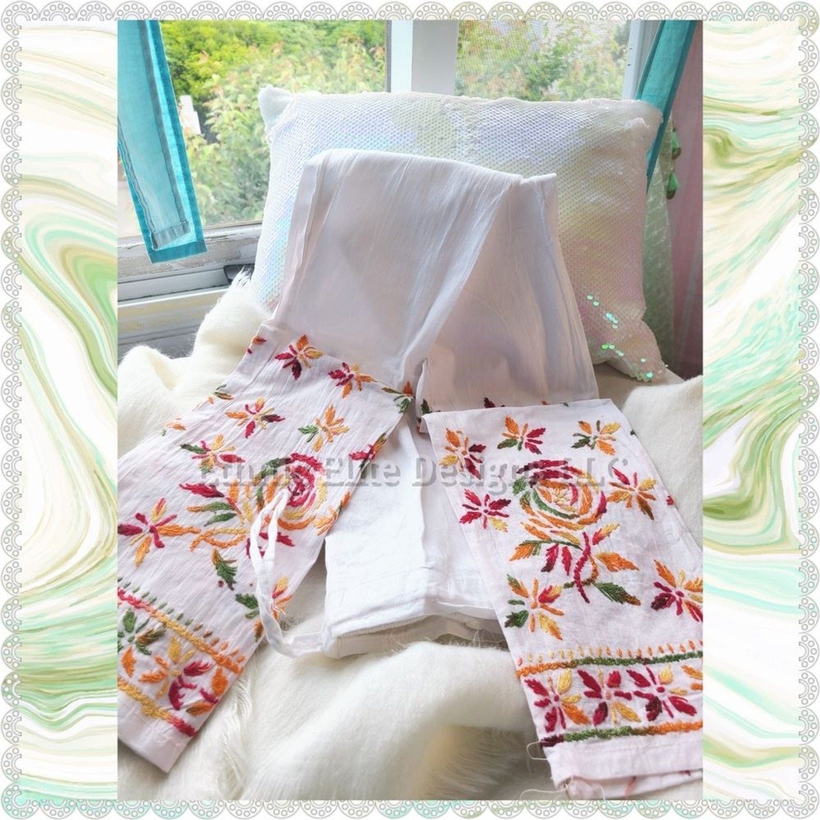New White multi color embroidered ankle pants with drawstring Size Small