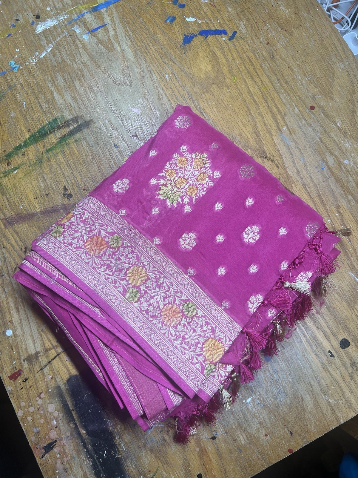 New Women Semi Fancy Banarasi Georgette Pink Gold Green Orange Floral Sari Saree