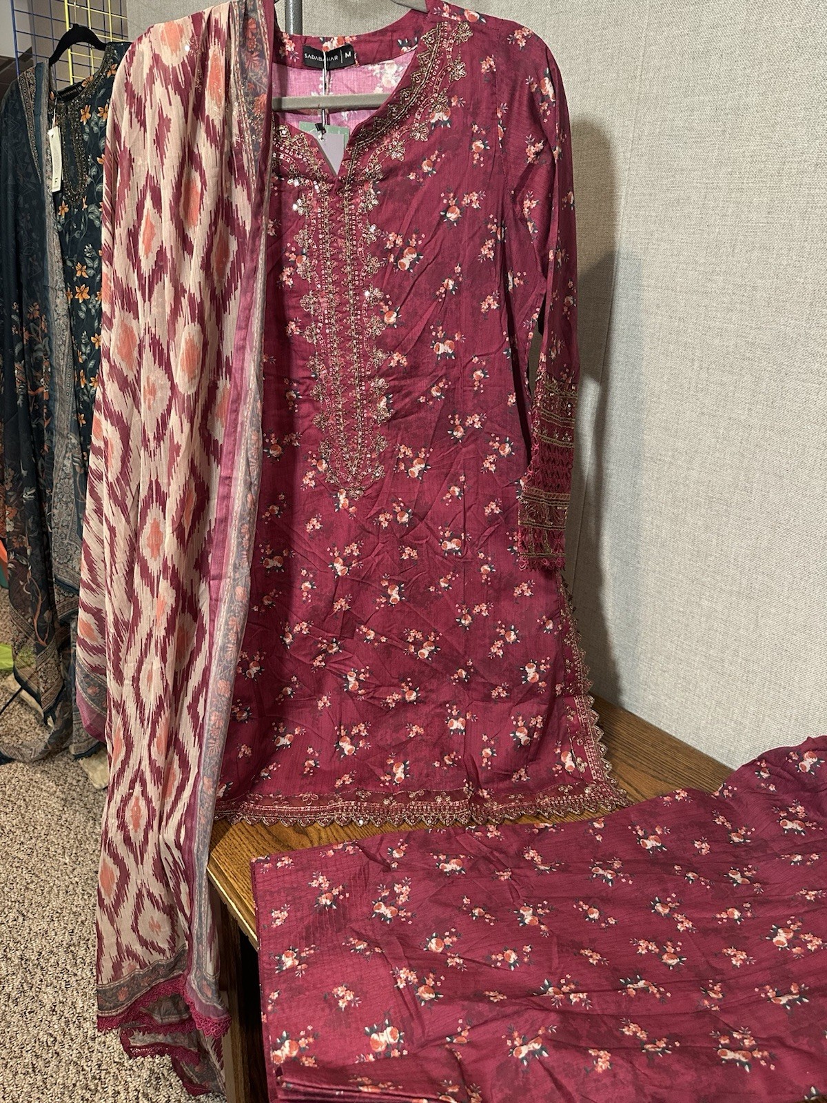 Sadabahar Brand – Farshi Shalwar suit – Embroidered – 3 Pc -Medium Size – $42