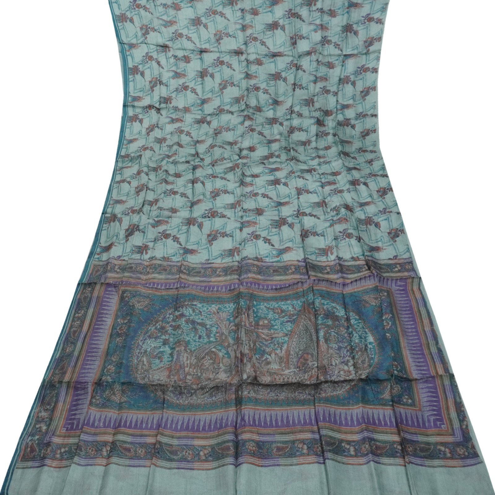 Vintage Blue Sarees 100% Pure Silk Printed Indian Sari 5YD Decor Craft Fabric
