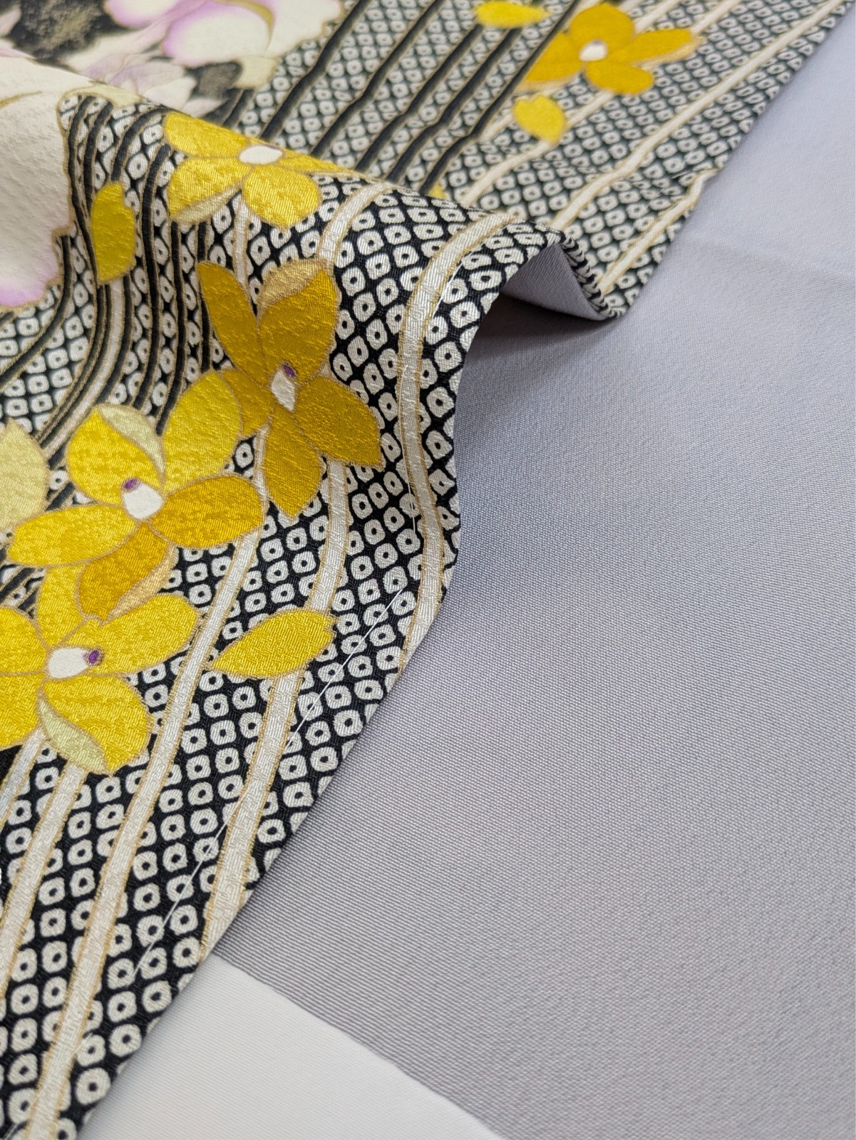 Japanese Kimono Silk Furisode Black Yellow & Purple Flowers Vertical Waves Art