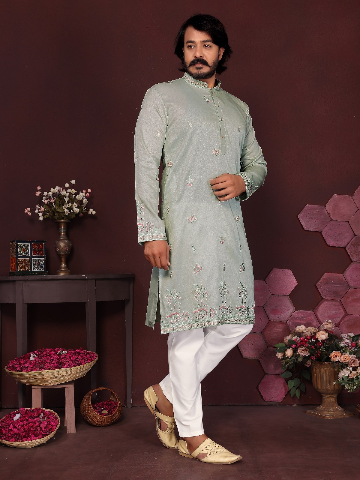 Men Kurta Set Pakistani Kurta Pyjama Indian Suits Sherwani Wedding Party Groom L