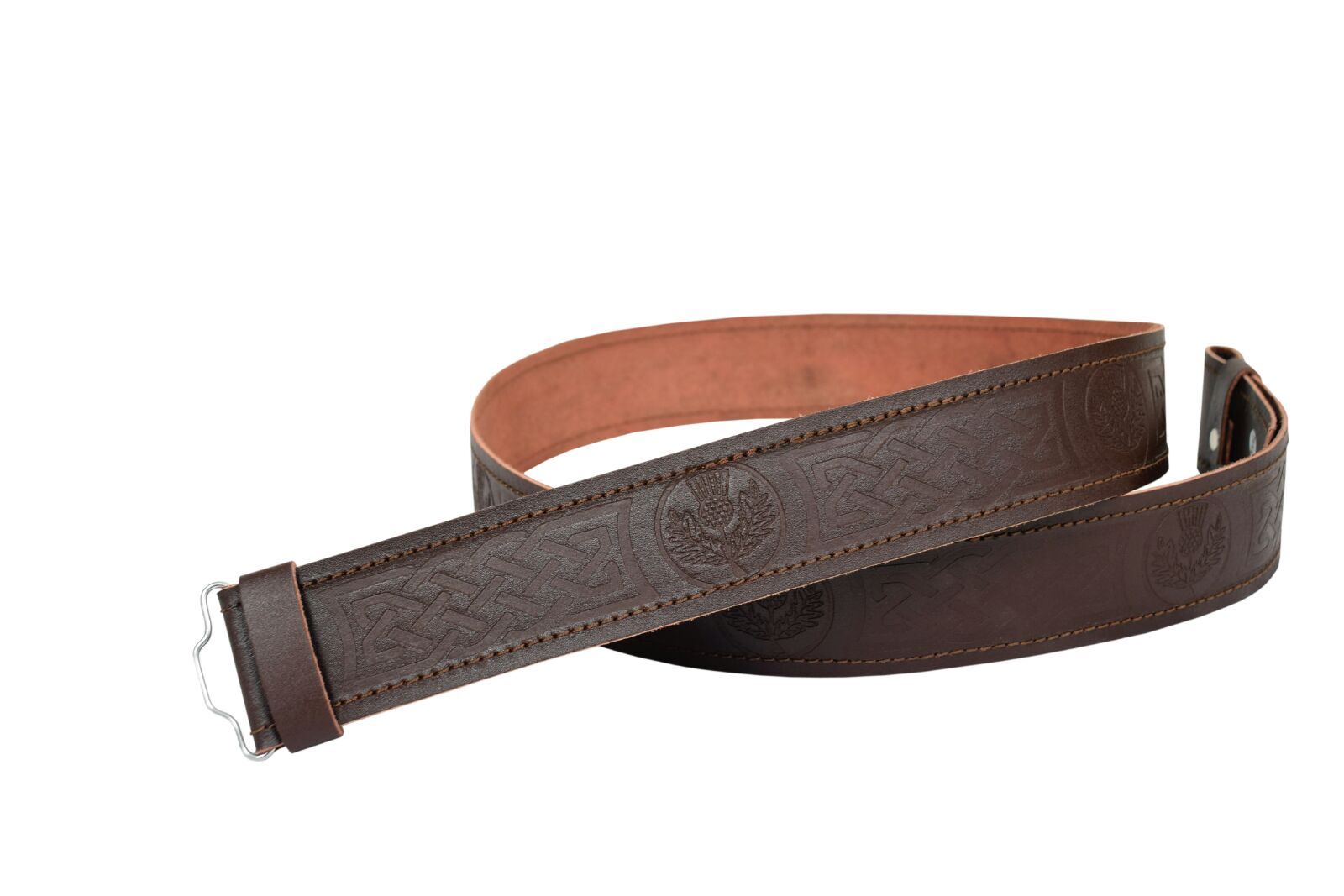 Leather Kilt Belt Adjustable size for Kilts Highland Brown Thistle Embossed