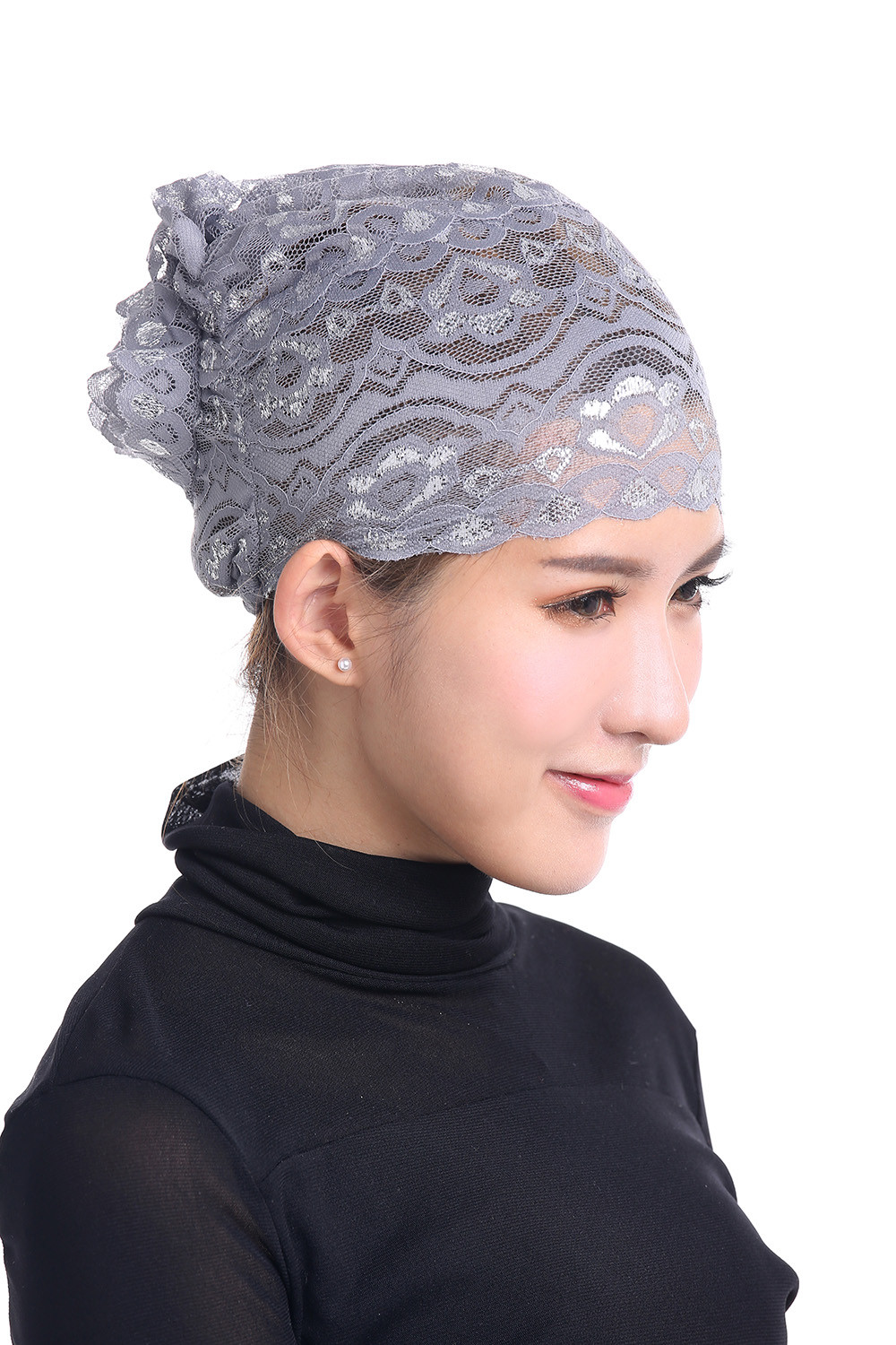 Muslim Womens Inner Hijab Cap Lace Flower Turban Headwear Islamic Headscarf Hats