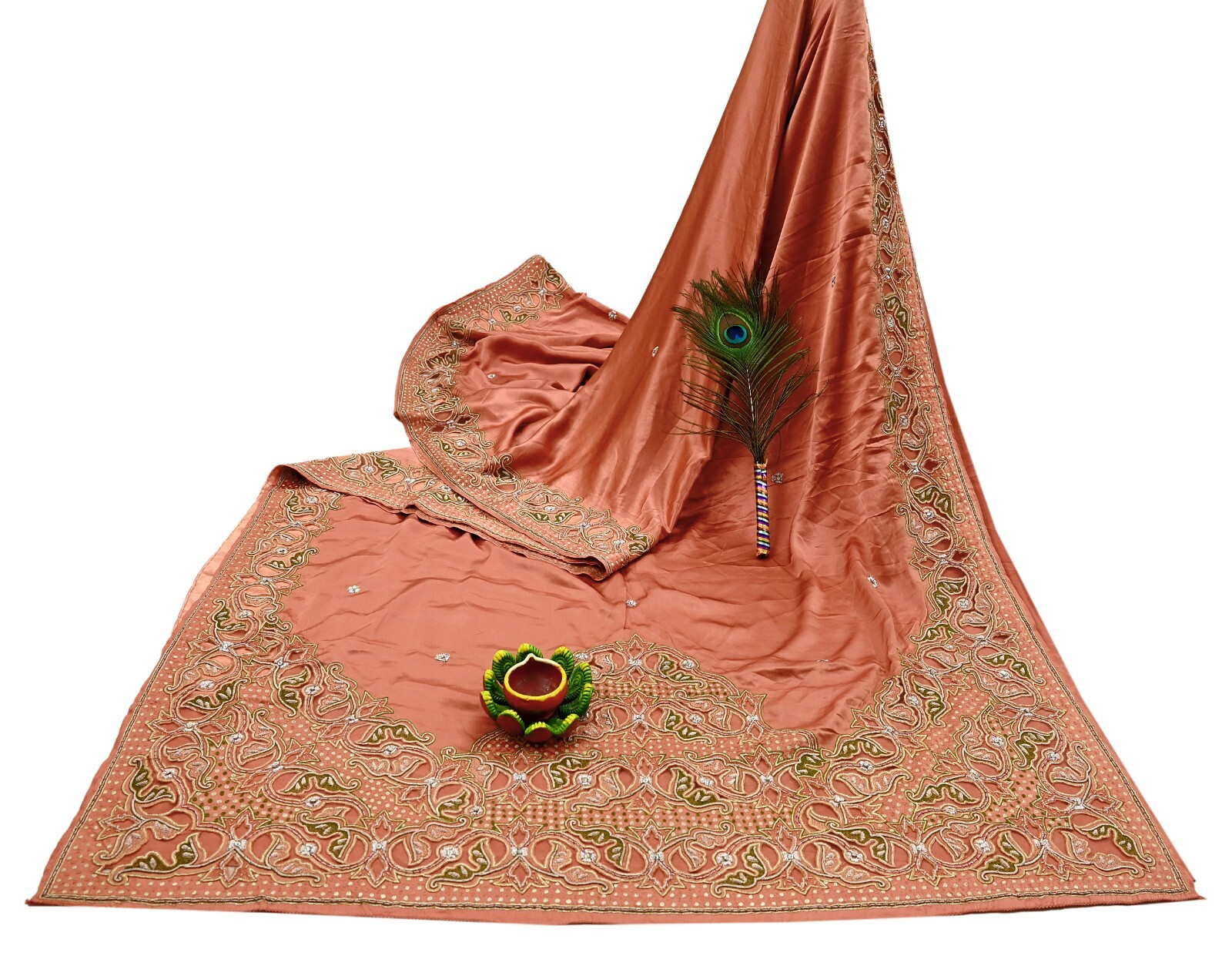 Vintage Heavy Peach Sari Hand Embroidered Saree Pure Satin Silk 5yd Ethnic Dabka