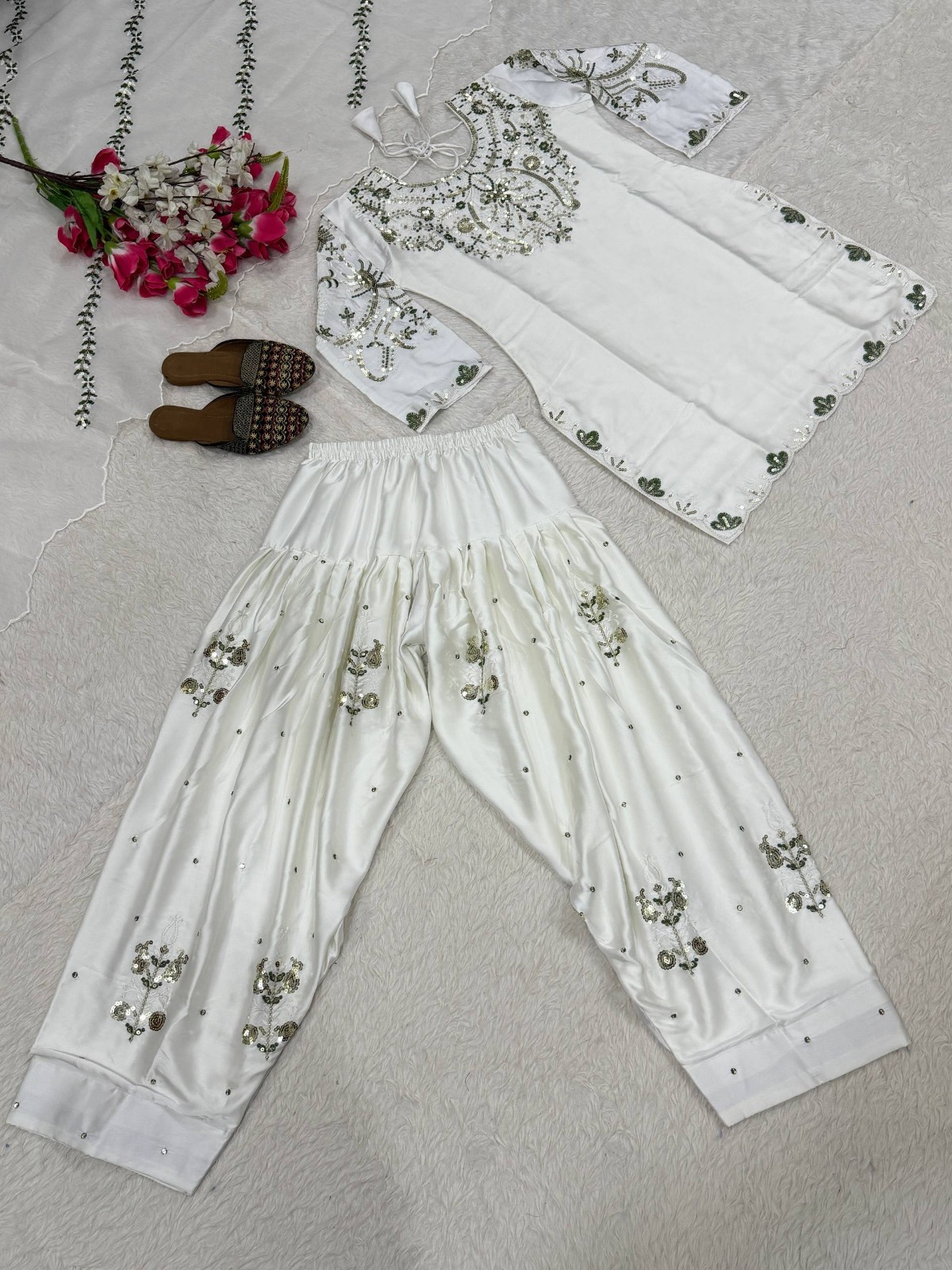 Latest Heavy Japan Satin White Top Bottom With Dupatta For Women Party Wear