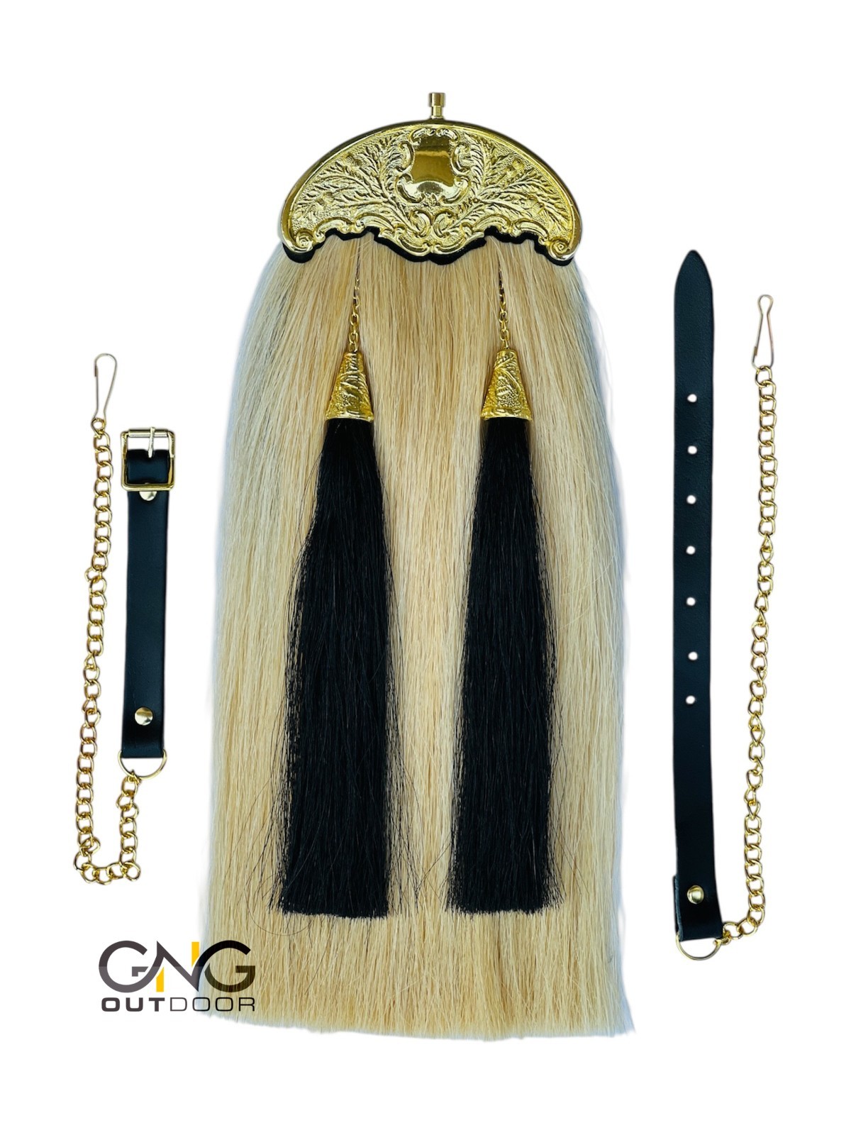 Scottish Gold Plated White Horse Hair Sporran 2 Black Tassels Kilt Sporran