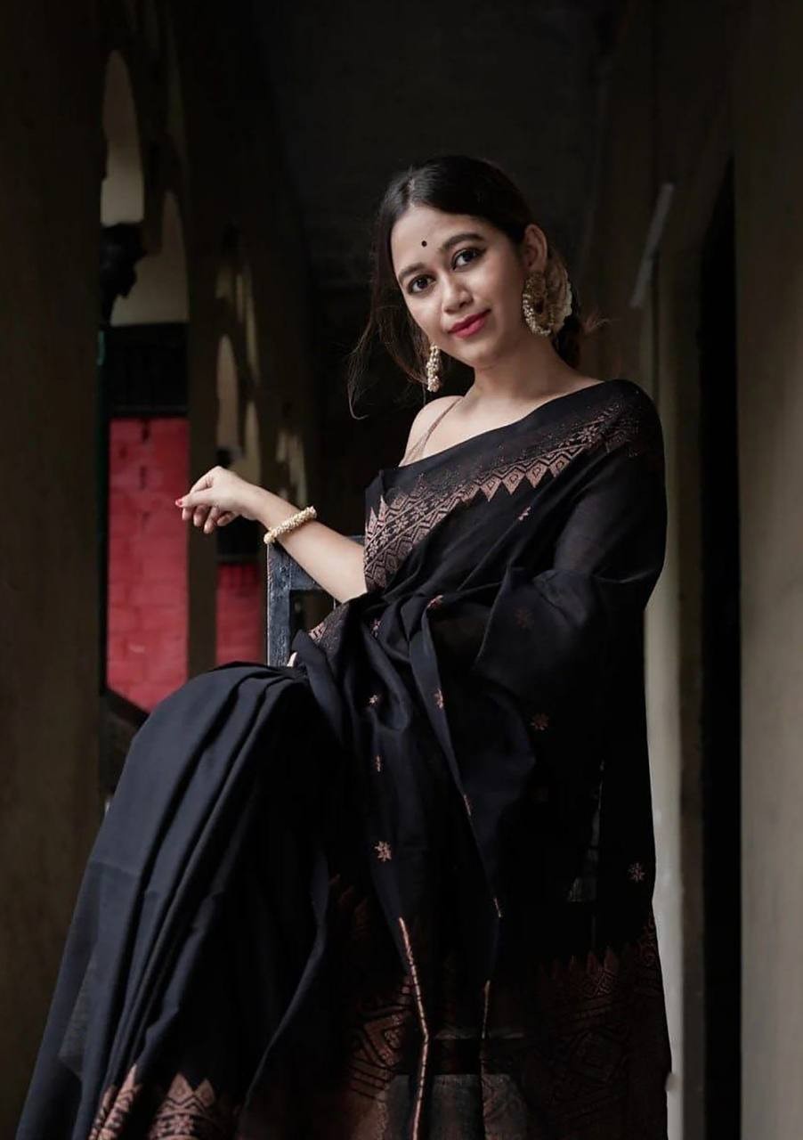 Women Lichi Silk Black Saree With Blouse Elegant Bridal Bollywood Party Wear