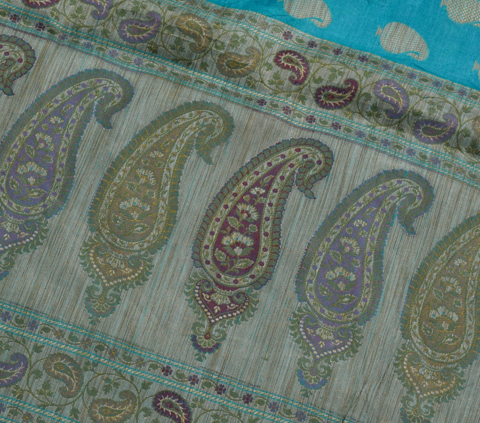 Sushila Vintage Turquoise Blue Saree Pure Tussar Silk Paisley Woven Sari Fabric