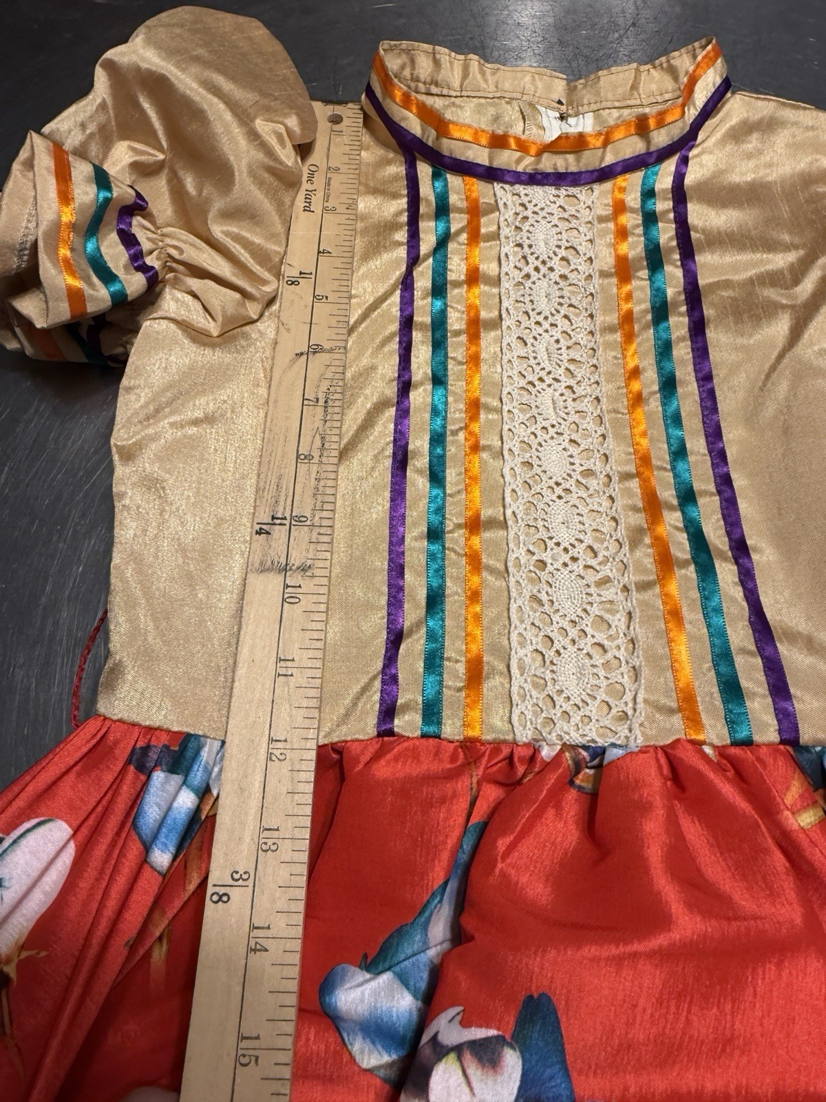 Mexican Folkloric Dance Dress Gold With Purple Orange Ribbon Older Child