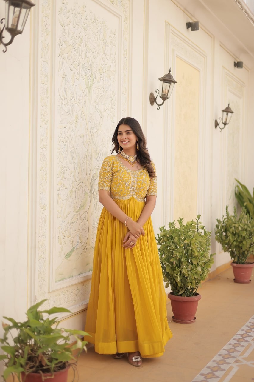Ethnic Wear Fancy Designer Gown indian Stylish Yellow Wedding Wear Anarkali Gown