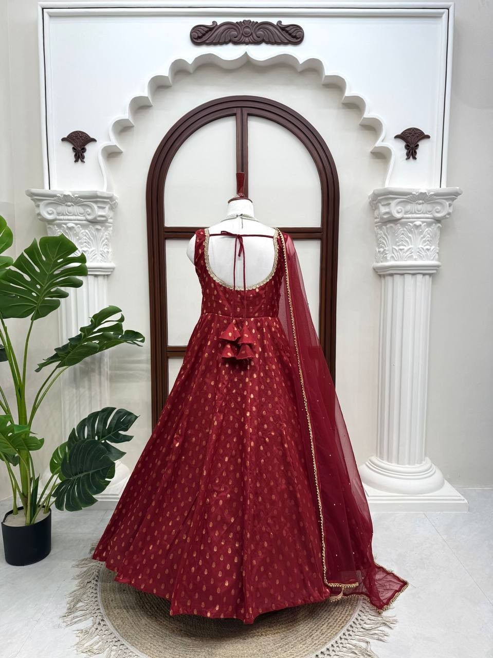 Stylish Chanderi Jacquard Butti Maroon Gown Bottom With Dupatta For Women Wear