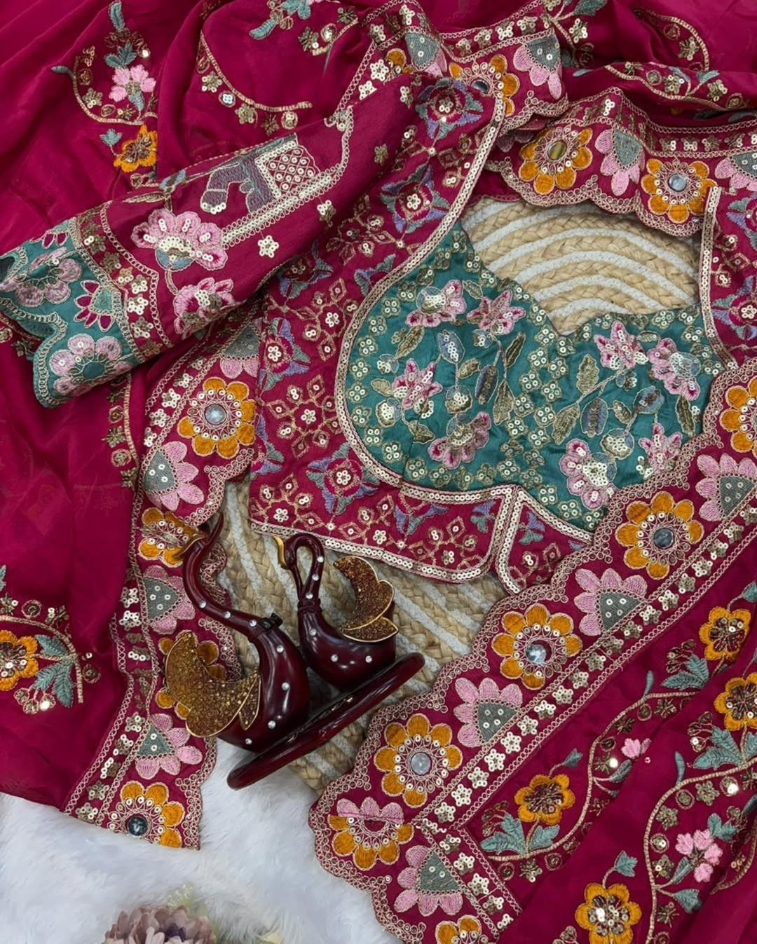 Rani Pink Designer Saree Work Embroidery Wedding Party Wear Women Ethnic Festive