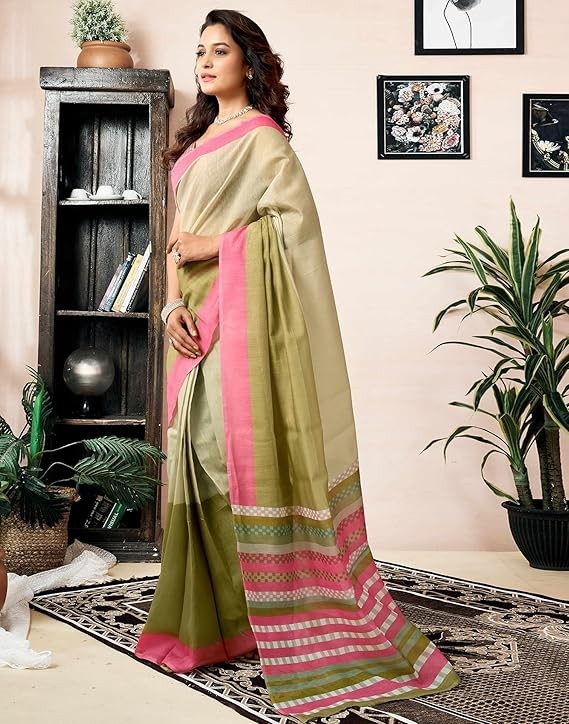Women’s Chanderi Cotton Printed Ready To Wear with Pocket Saree with Blouse