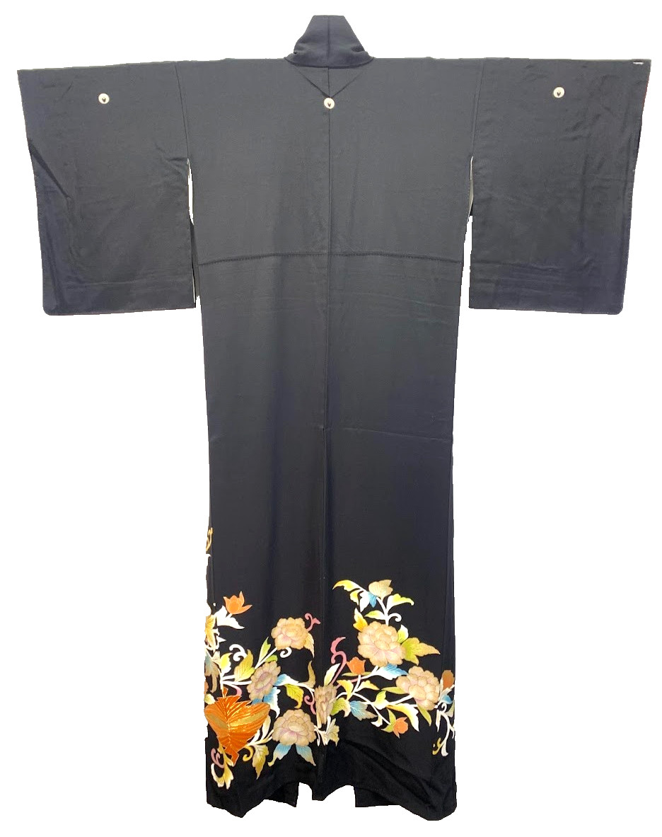 Vintage Japan Silk Kurotomesode Kimono Dress M Black Peony Yuzen Kinsai Gift Fed