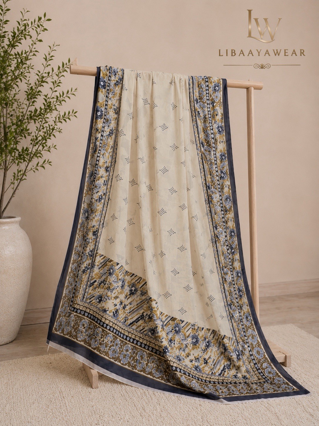 LIBAAYA WEAR Women’s Pakistani 3-Piece Salwar Kameez Dupatta Beige Floral M