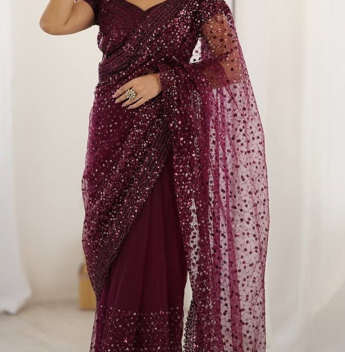 Fancy Designer Net Fabric Wine Saree With Blouse For Indian Wedding Wear