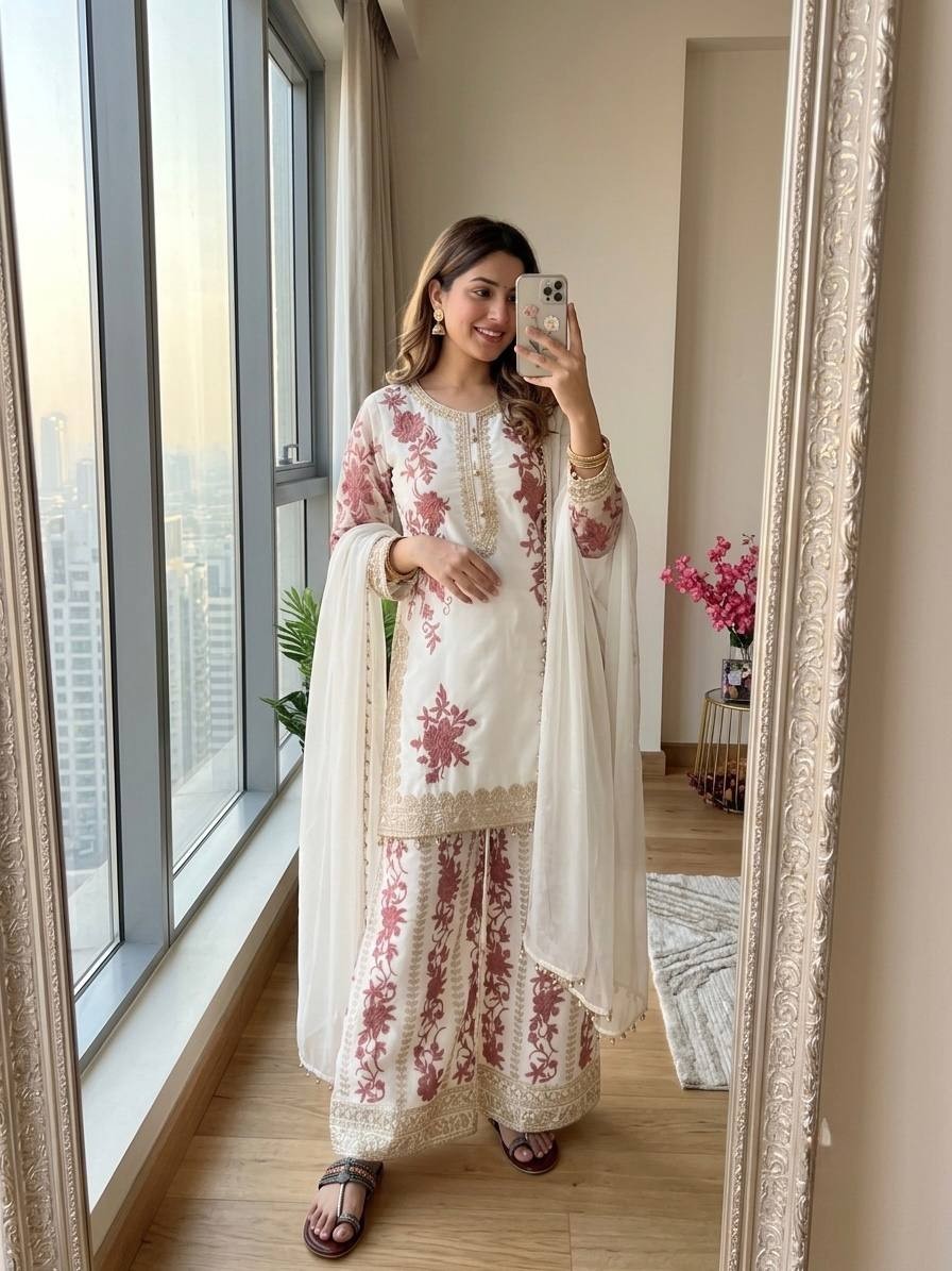Unique Designer Star Georgette Kurta Palazzo With Dupatta For Party Wear