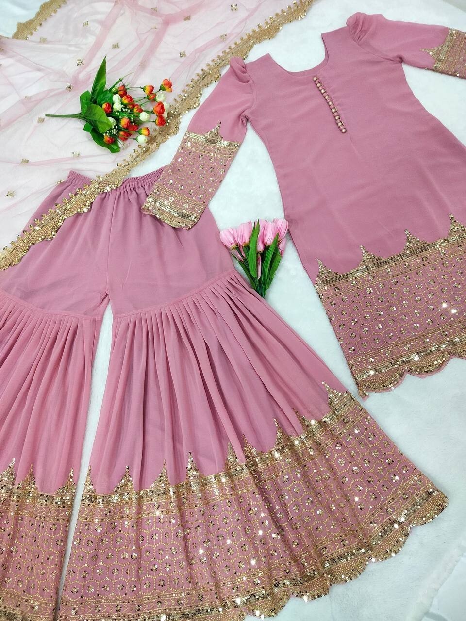 Beautiful Look Georgette Top Palazzo With Net Dupatta For Reception Wear