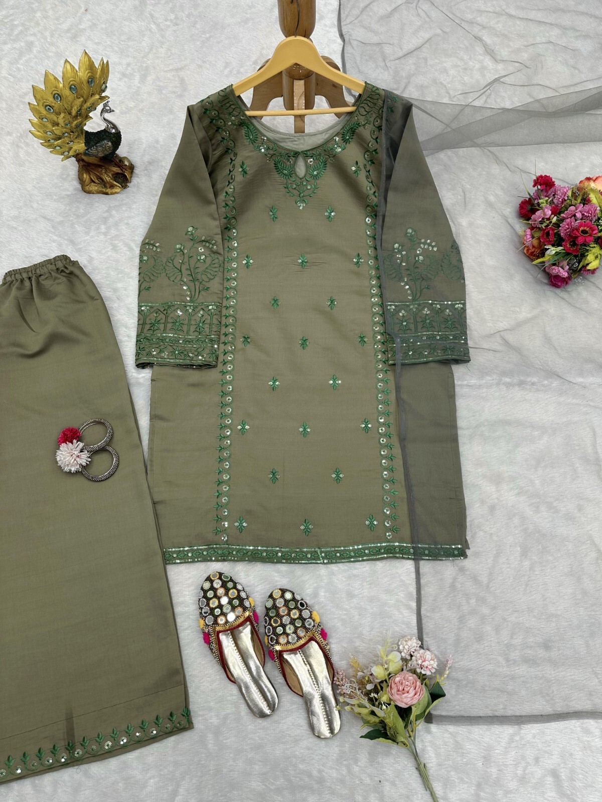 FullStitched Indian Traditional Look Muslin Fabric Kurti Palazzo Dupatta 12-KD-A
