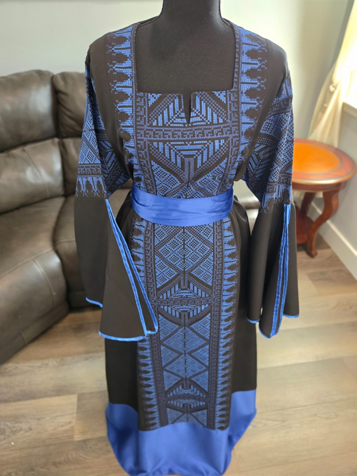 Embroidered / Tatreez Black and Blue Jordanian Palestinian Thobe Dress Kaftan