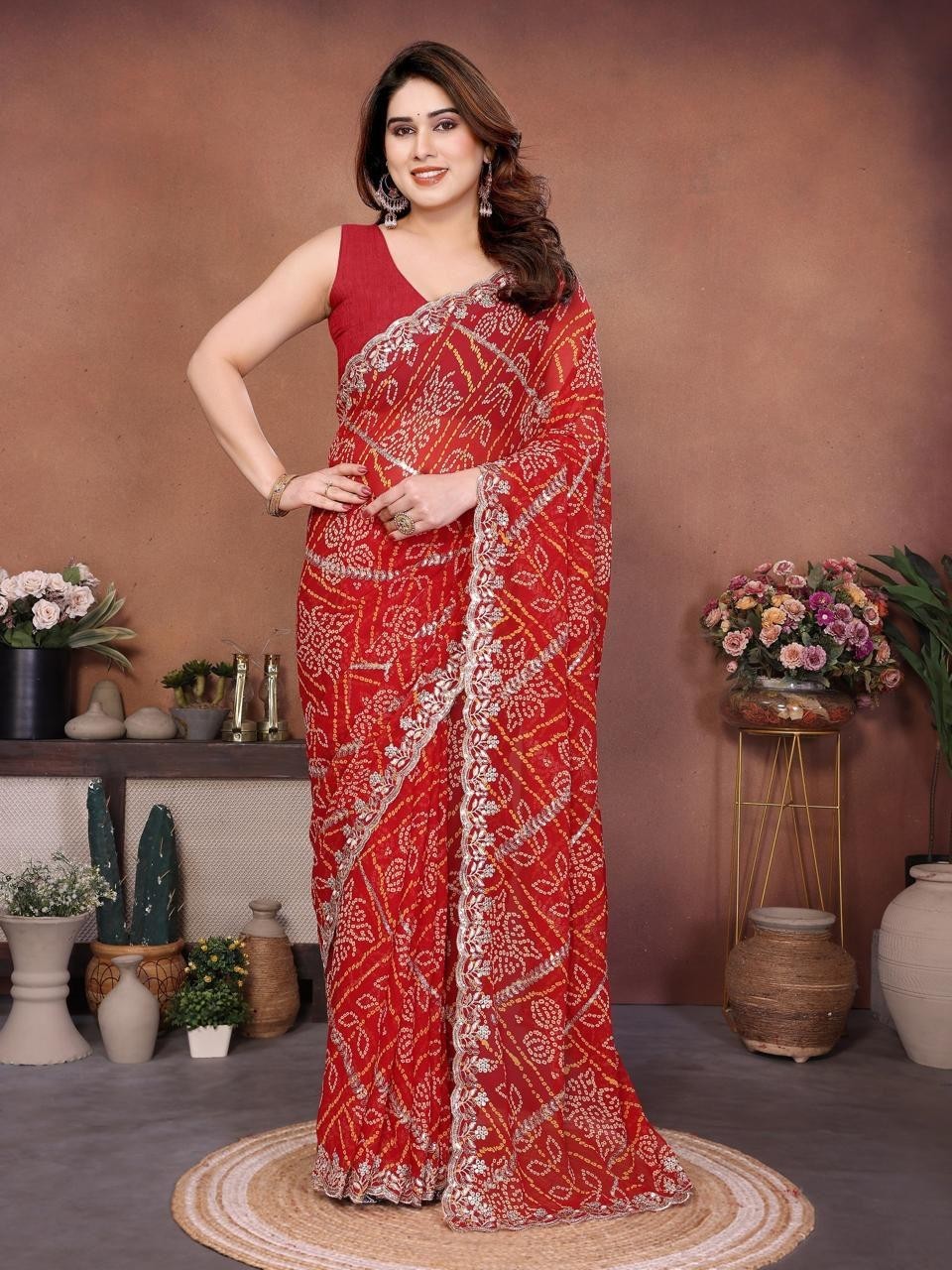 Premium Soft Georgette Bandhej Saree with Embroidery & Cutwork Border Sari women