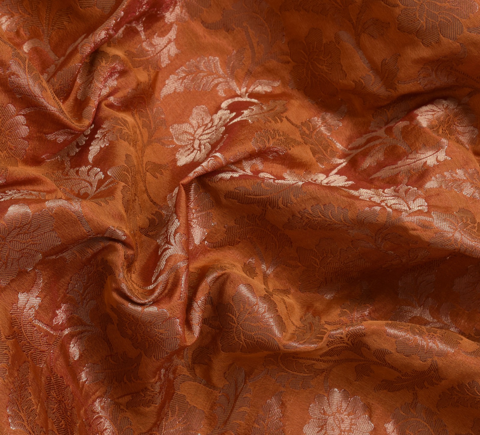 Sushila Vintage Rust Sari Blend Silk Woven, Embroidered Beaded Floral Fabric