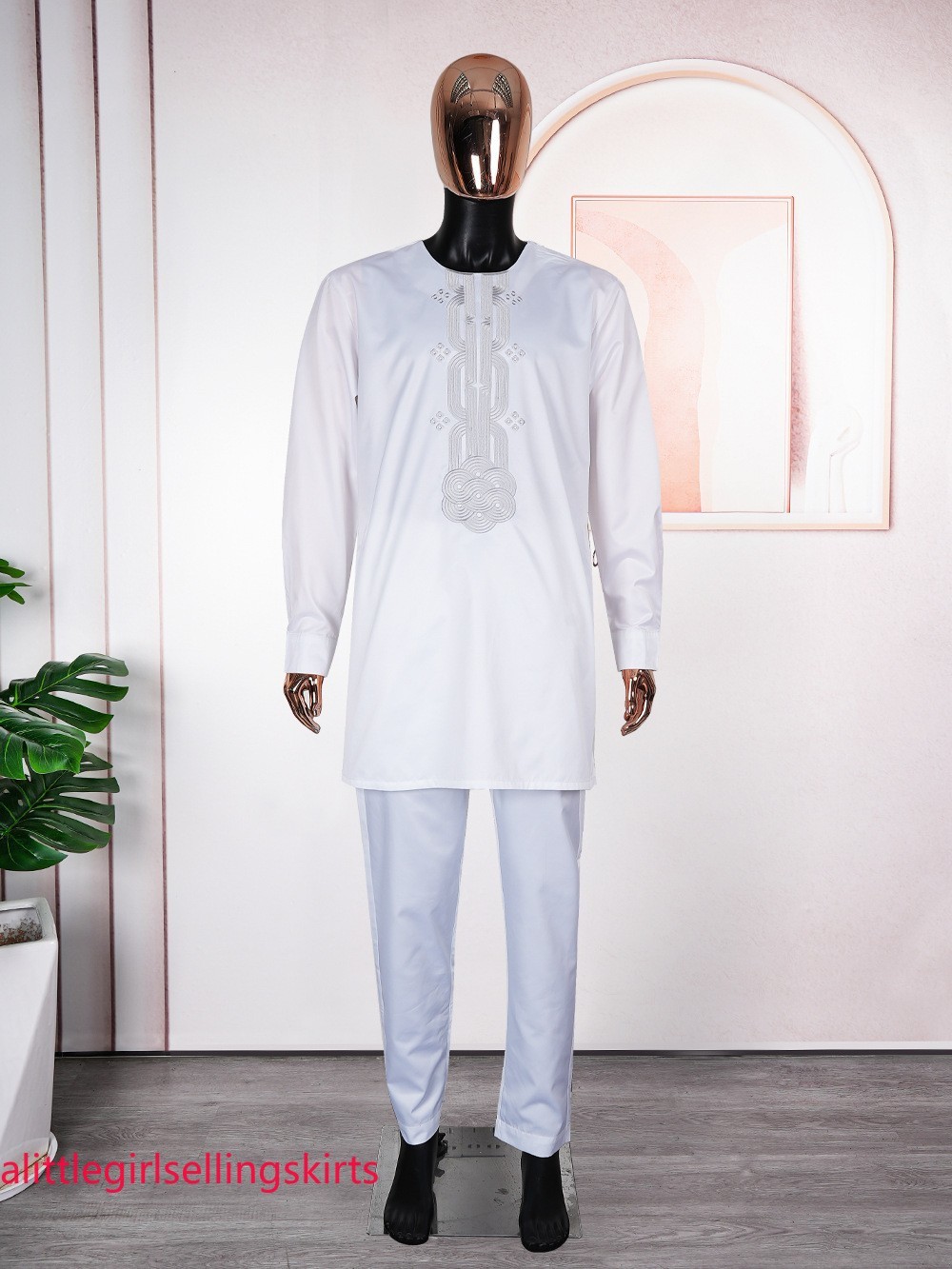 African Set for Men Dashiki Blouse Pant 2 Piece Set Dubai Embroidery Thobe Jubba
