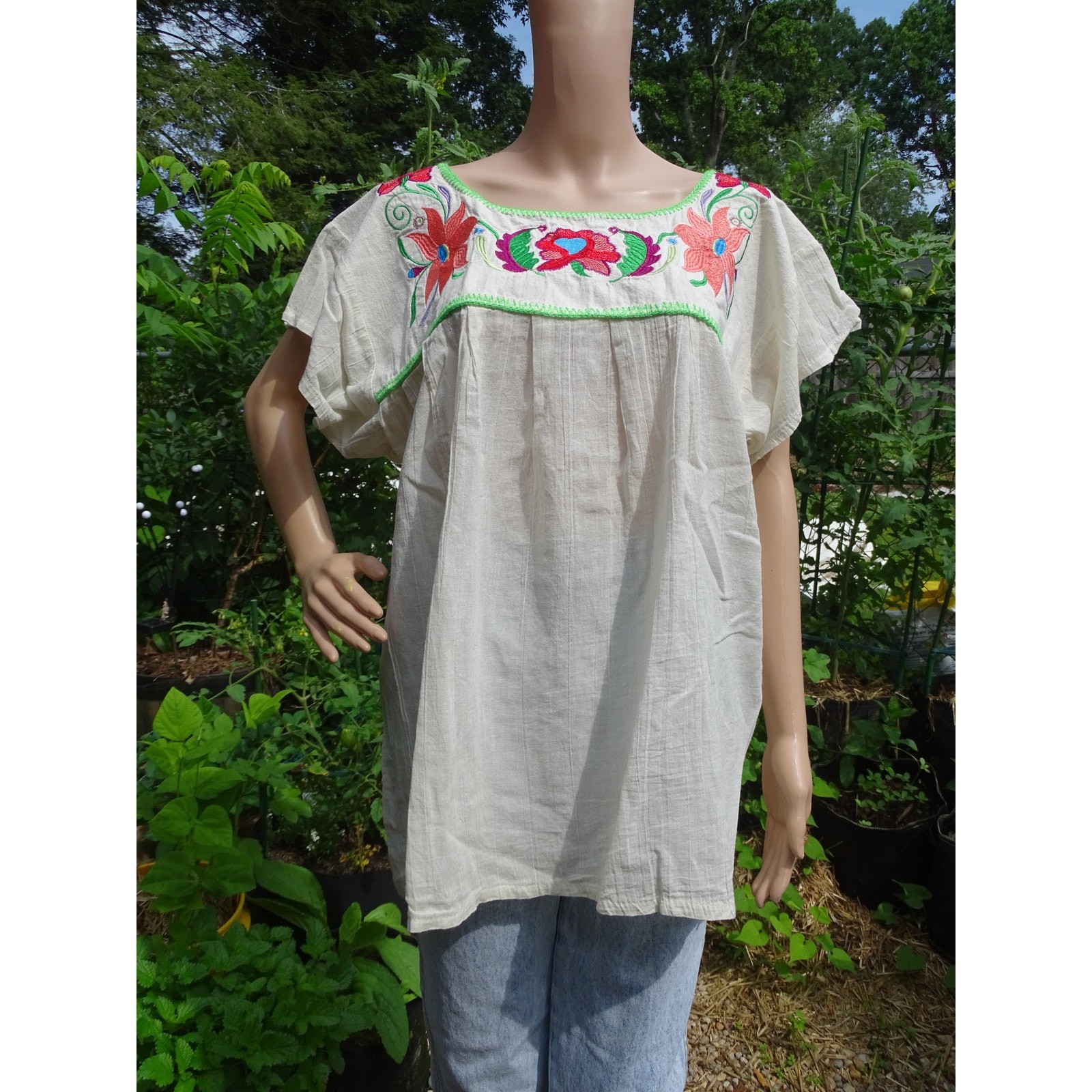 Mexican Peasant Blouse Floral Embroidered Boho Top White Tunic Plus Size