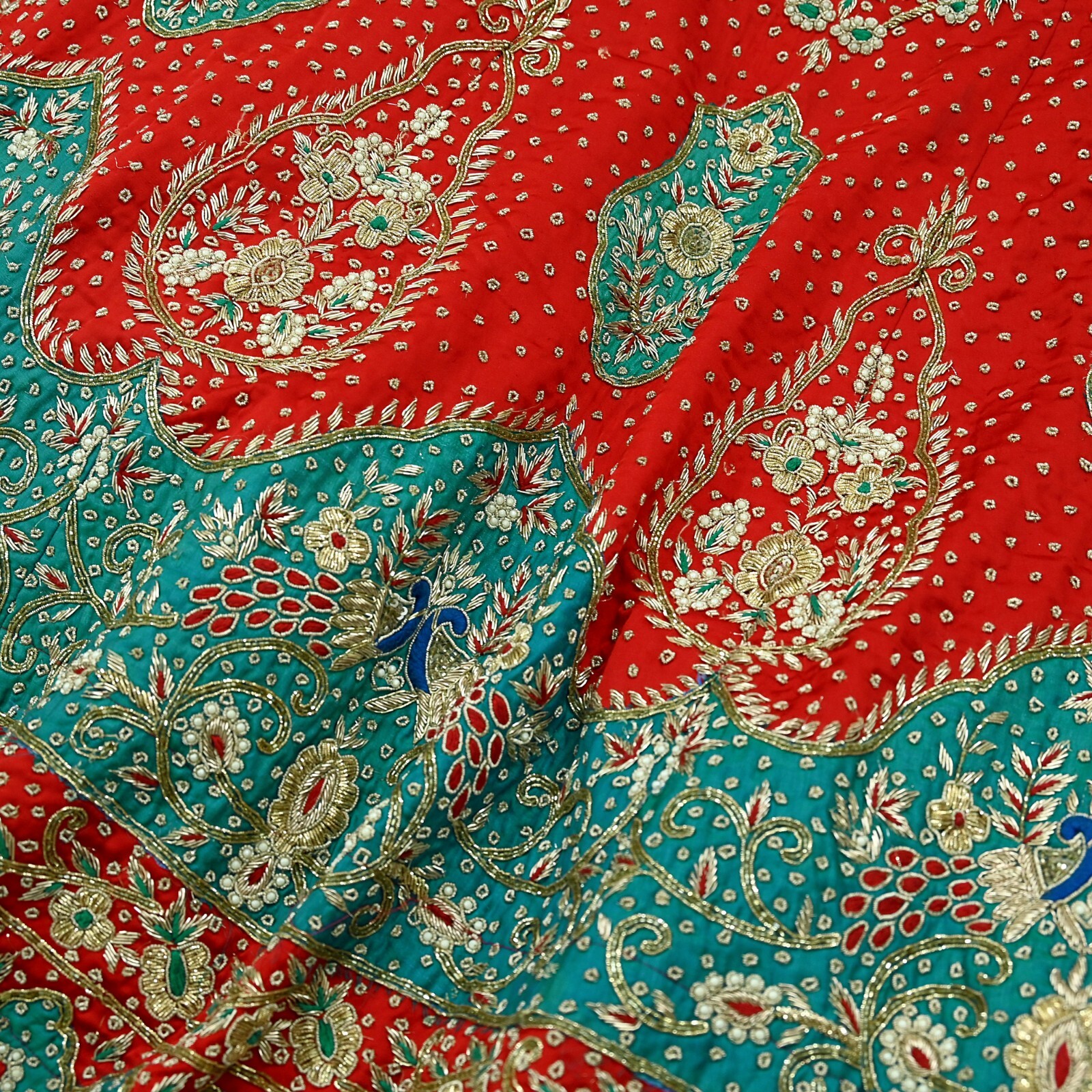 Pre-owned Red Satin Silk Hand Embroidered Designer By Anamika Khanna Lehenga Set