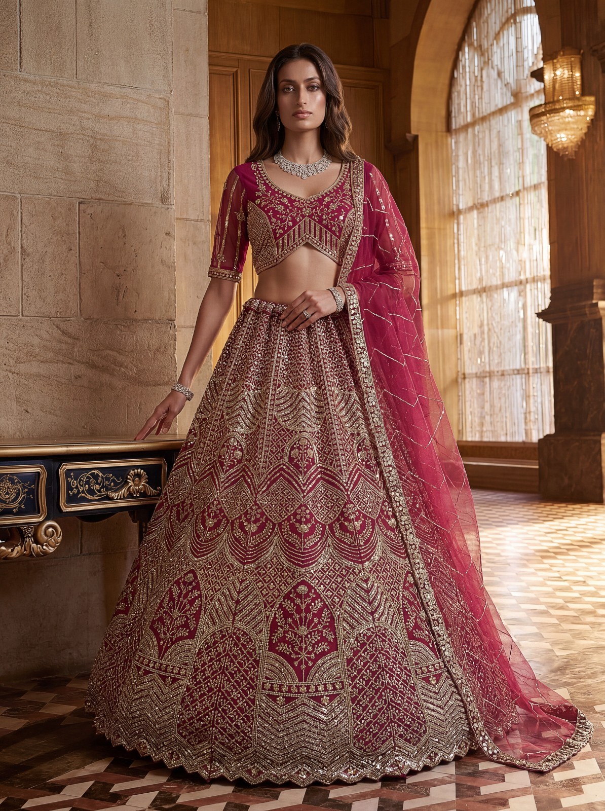 Women’s Bridal Net Lehenga Choli Fancy Pattern Sequin Work with Dupatta