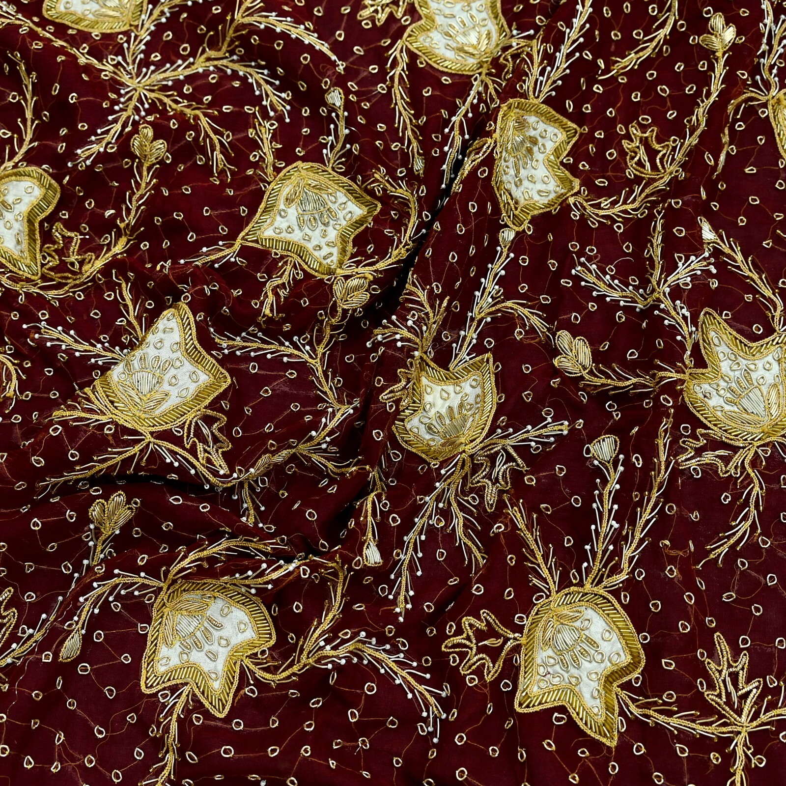 Vintage Heavy Bridal Dupatta Pure Chiffon Silk Long Stole Hand Embroidered Veil