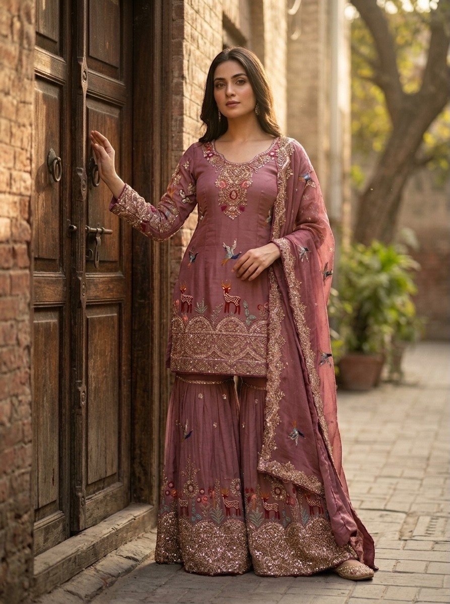 Beautiful Chinon Silk Pink Top Palazzo With Dupatta For Indian Wedding Wear