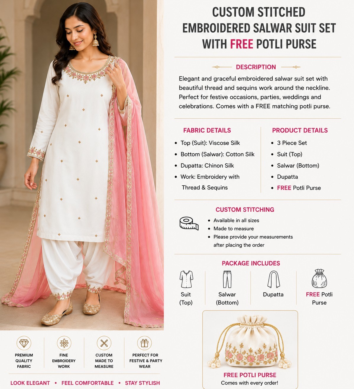 Custom Stitched Ivory White Salwar Suit Set With FREE Matching Potli Purse