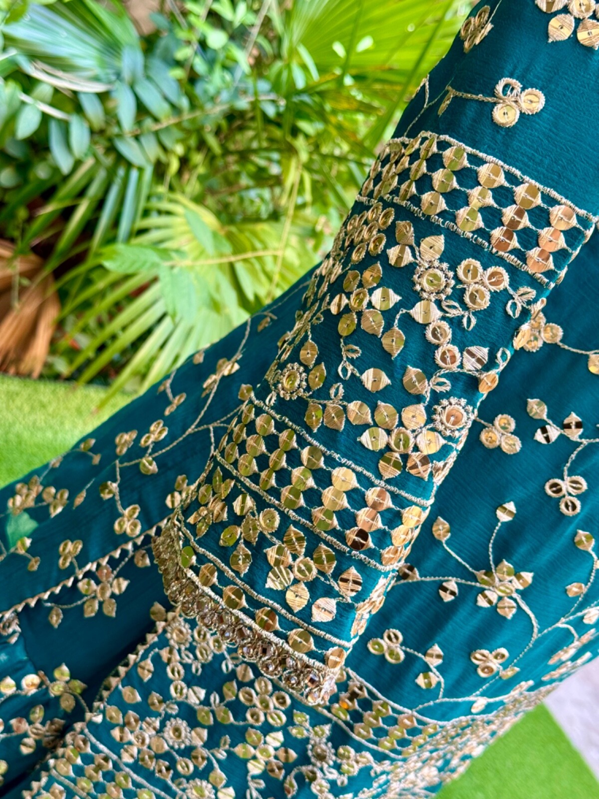 Pakistani Teal Straight Style Embroidered Sequins Chiffon Gharara Dress,L