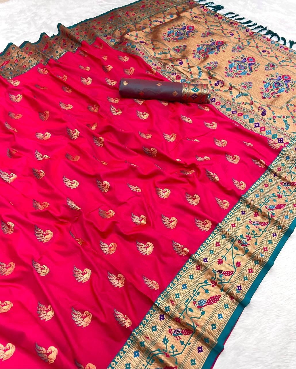 Paithani Silk Saree With Golden Border & Blouse Piece Indian Designer Party Sari