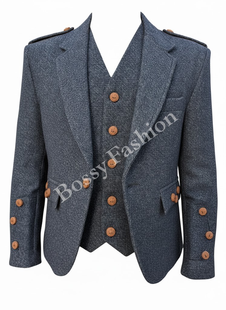 New Men’s Modern Kilt Jacket & Waistcoat Set Blue Tweed Formal Wedding Dress