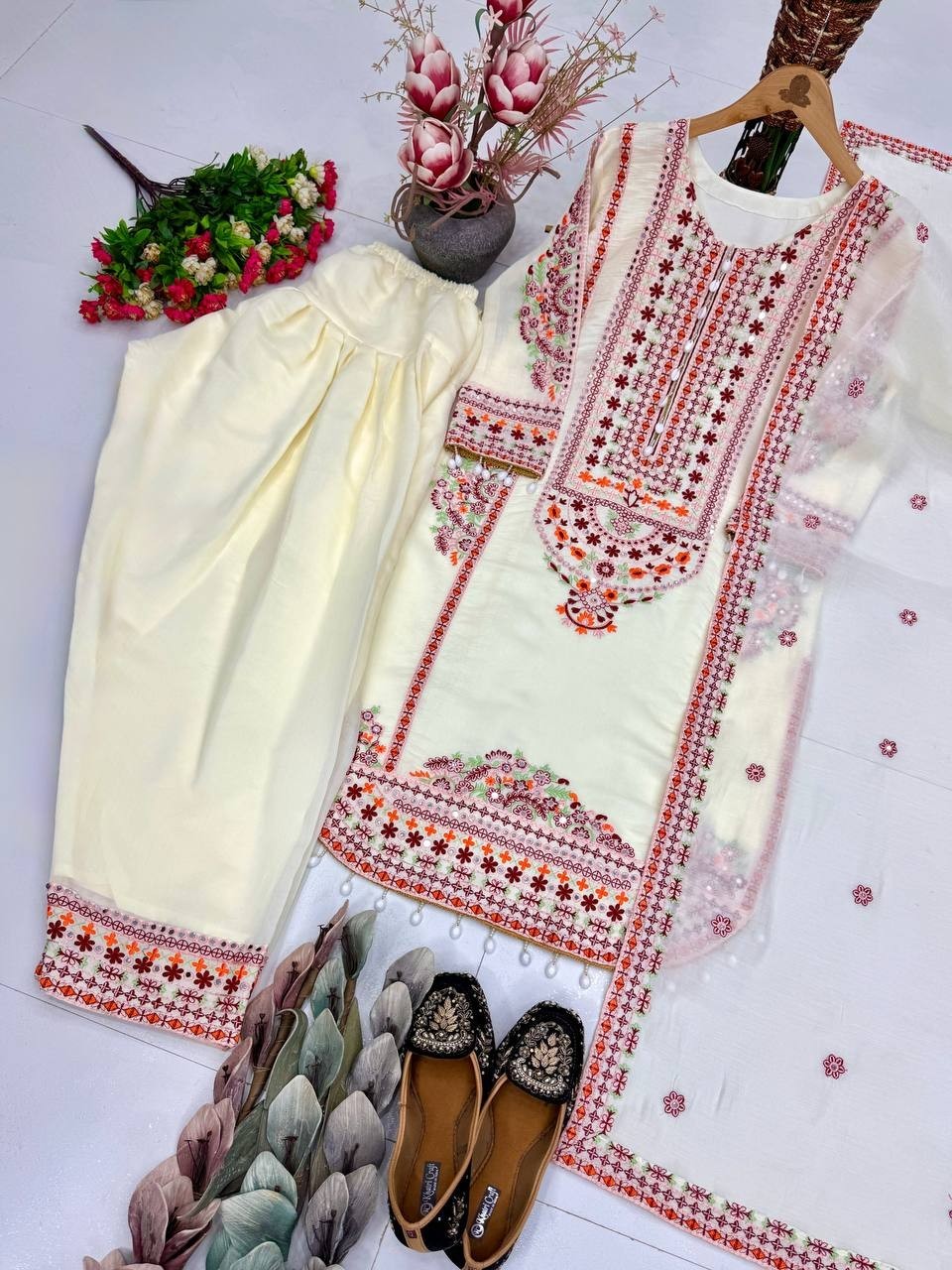 Latest Heavy Mal Chanderi Off White Top Palazzo With Dupatta For Functional Wear