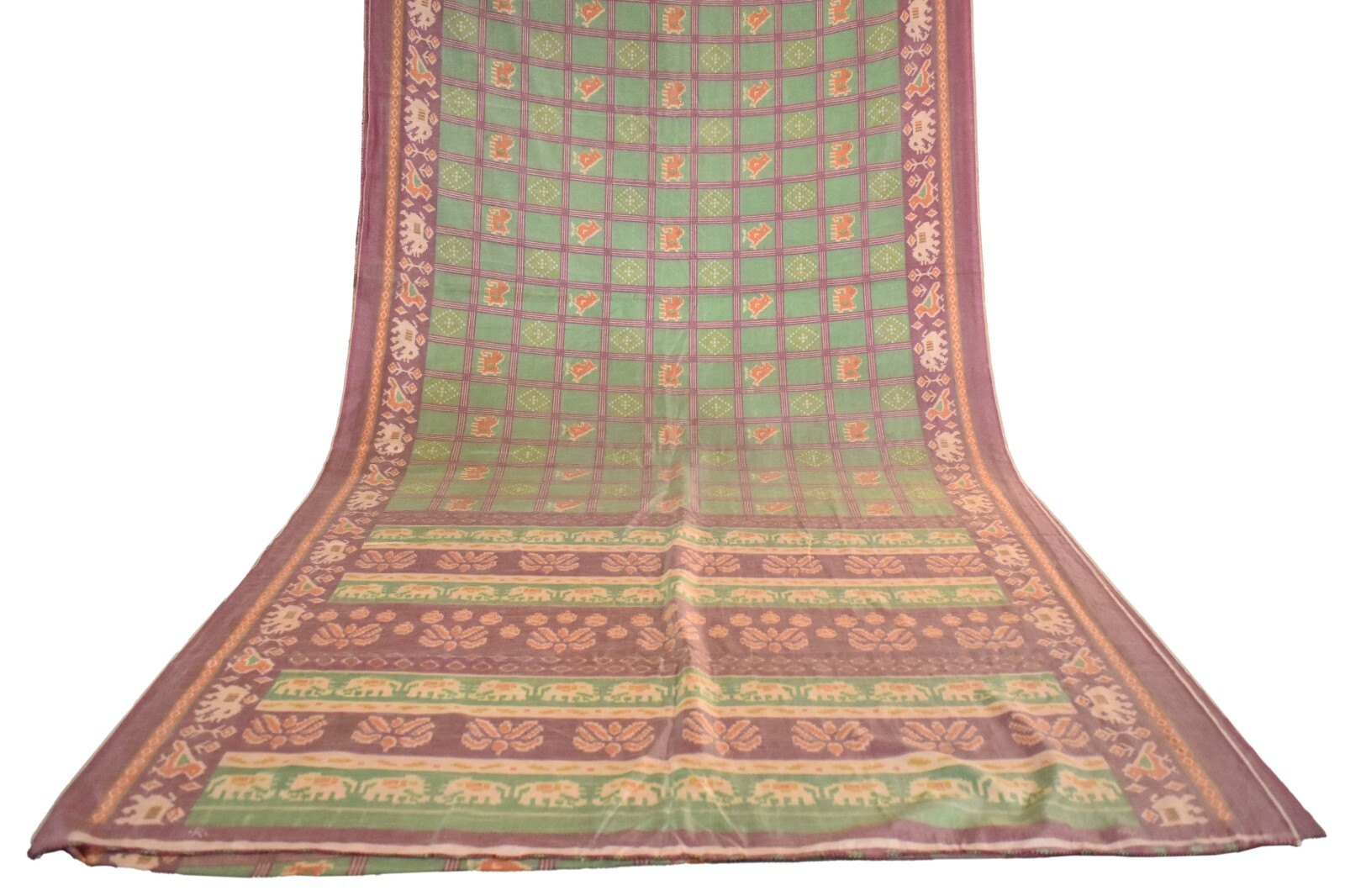FNC Vintage Green Sambalpuri Ikat Sarees Handwoven Art Silk Sari Fabric Antique