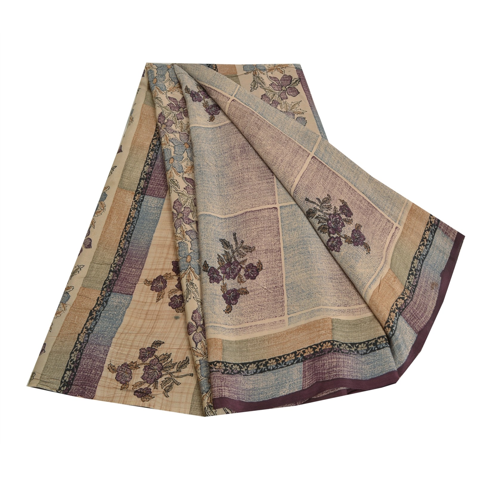 Sanskriti Vintage Sarees Pale-Cream Pure Crepe Silk Printed Sari Craft Fabric