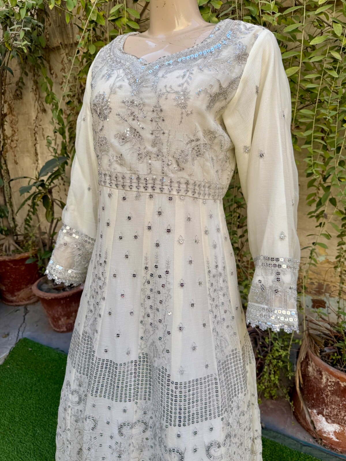 Pakistani Egg Shell White Long Maxi Style Embroidered Sequins Chiffon Dress,XL#1