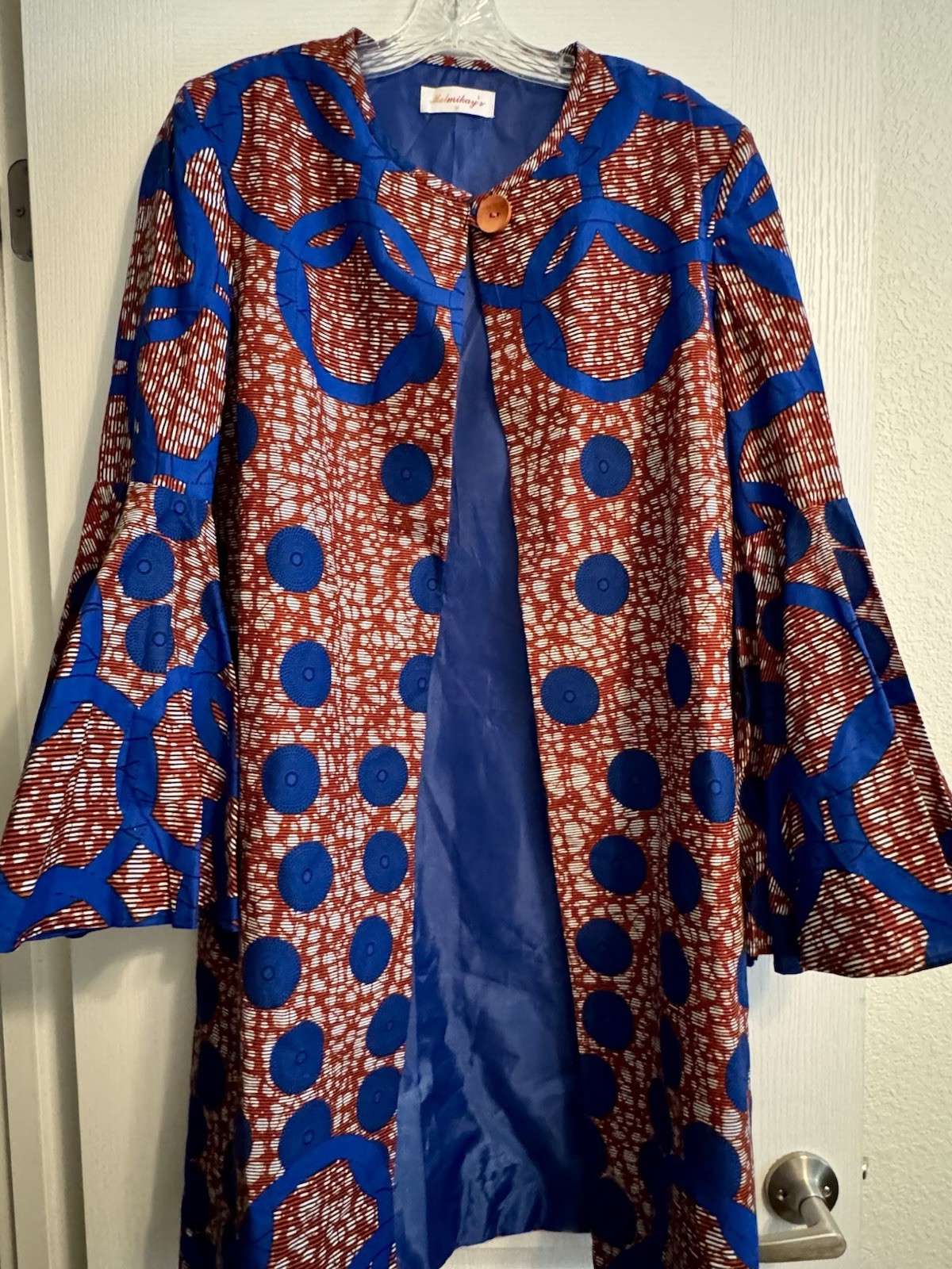 Melmikay’s Blue Geometric African Print Ruffle Sleeve Long Jacket Womens Sz M