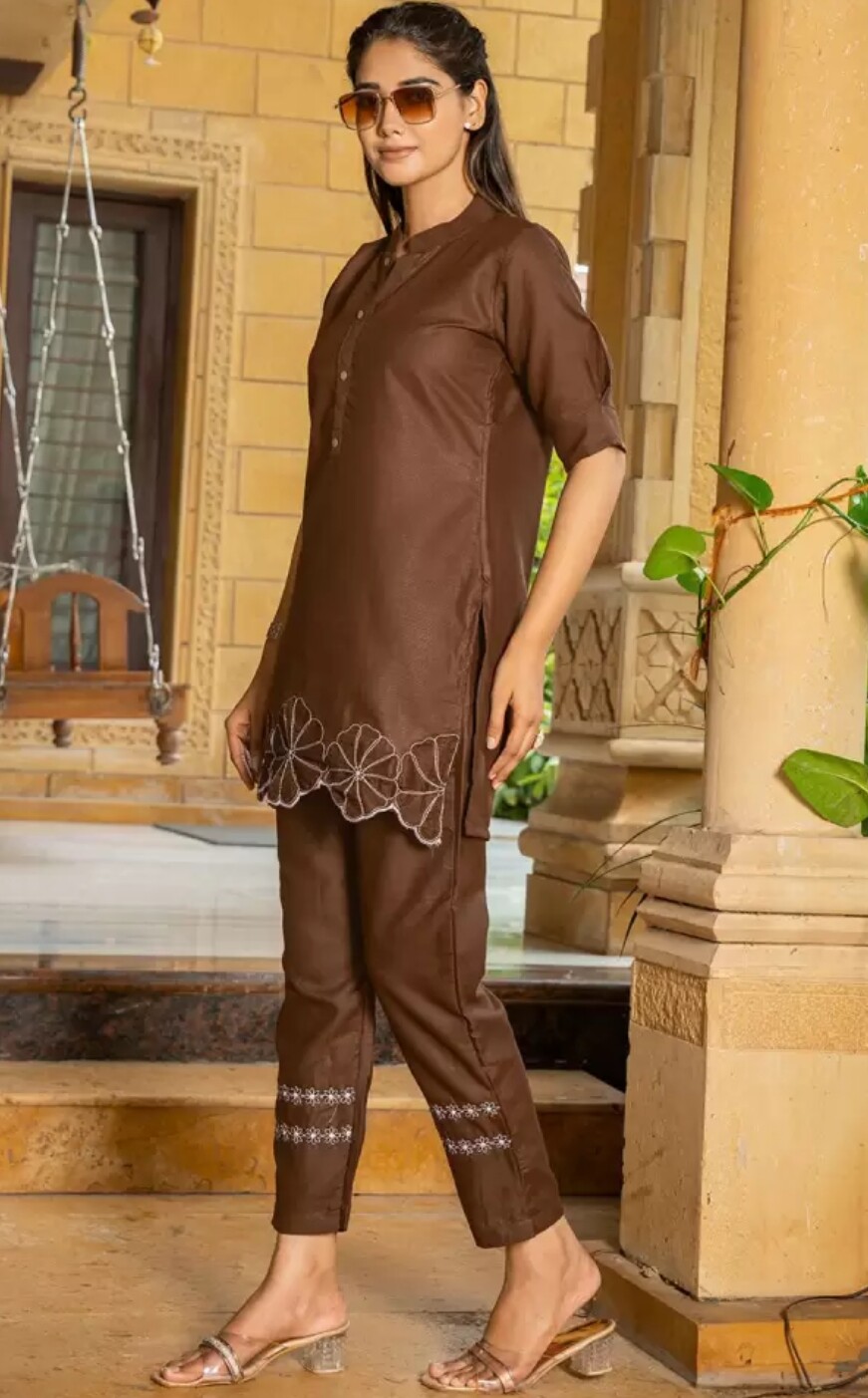 Indian Co-ord Set;Women Solid Floral Embroidered Cotton Tunic Kurta Trousers Set