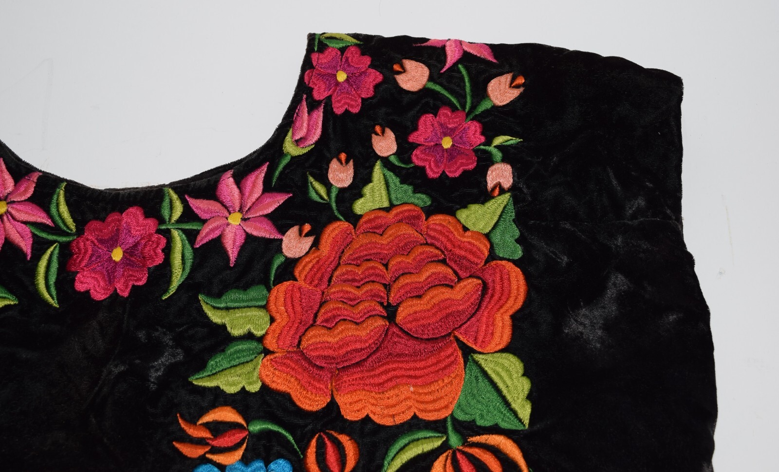 Black Velvet Mexican Folk Blouse Shirt Heavily Embroidered Multicolored Flowers