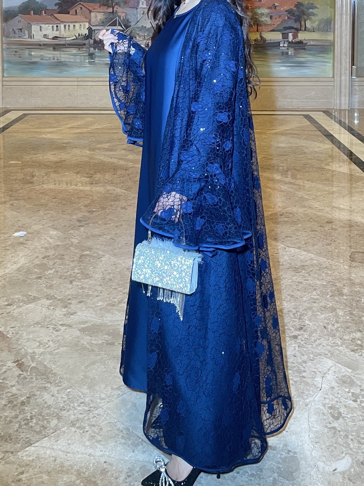 2PCS Muslim Women Abaya Dress Set Flare Sleeve Lace Sequin Caftan Dress Cadigan