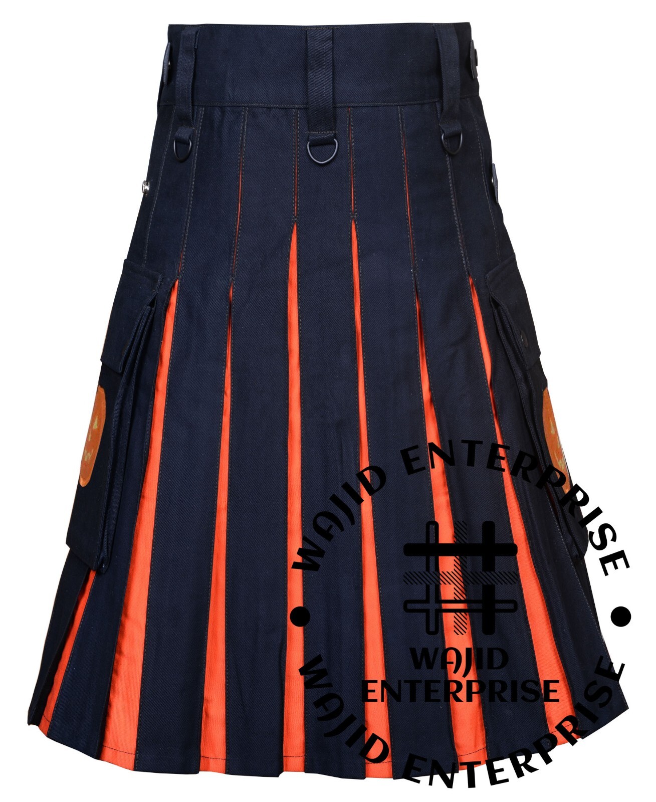 Scottish Handmade Black Orange Hybrid Utility kilt Halloween Pumpkin Embroidery