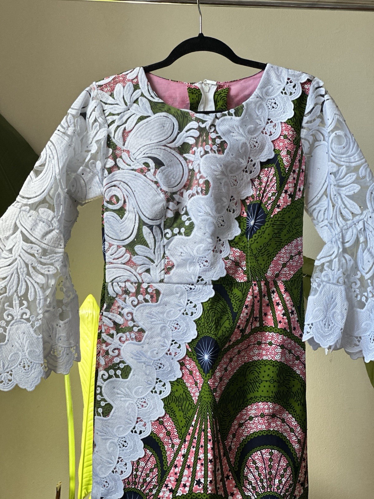 Handmade African Kaftan Dress with White Lace Sleeves Multi-Color for Women M