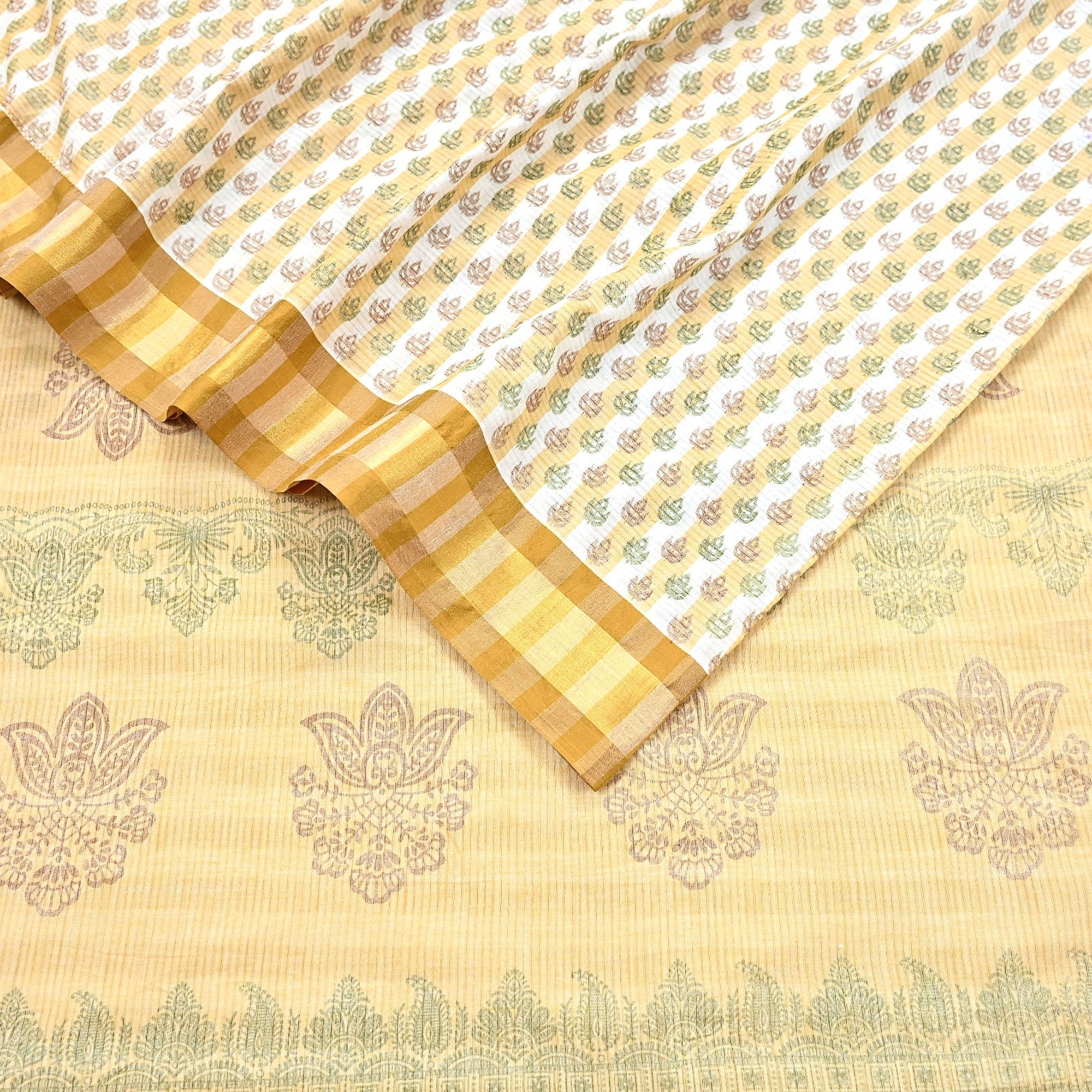 Indian Vintage Sari White & Beige Printed Pure Cotton Sarees Craft Fabric 5YD